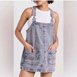 Free People We The Free Denim Smock Overall Mini Dress Pink Dreams Wash Size XL